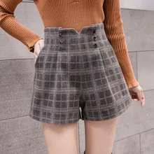 Осенне-зимние женские клетчатые шерстяные шорты винтажные с высокой талией Harajuku женские широкие Короткие брюки повседневные офисные женские шорты