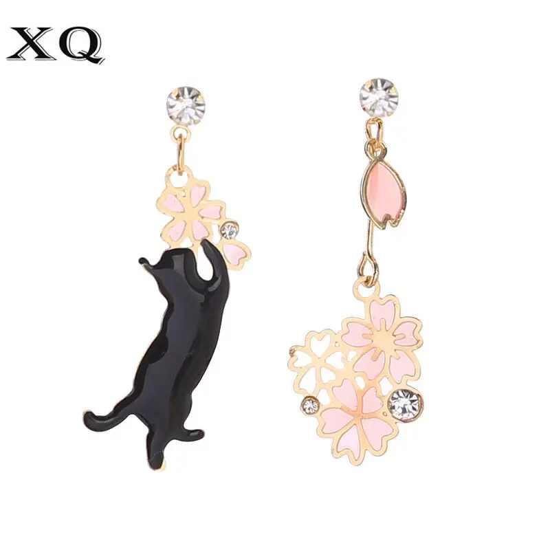 

XQ woman long earrings cartoon cute cat flower zinc alloy asymmetric new jewelry wholesale girls holiday gift