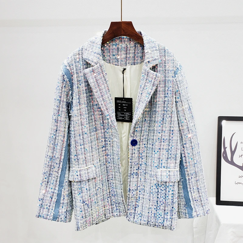

Streetwear Fashion Autumn Sequins Suit Jacket Women Loose Mid Long Plus Size Frayed Long sleeve Suit Coat Female Chaquetas Mujer