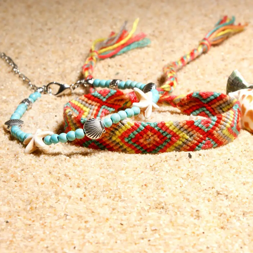 UMODE Shell Beads Starfish Anklets For Vsco Girls Double Layer Anklet Bracelet Handmade Bohemian Jewelry Free Shipping PA0034 - Окраска металла: PA0034-4
