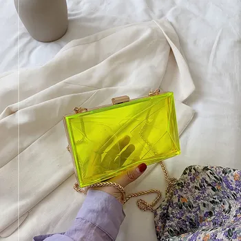 

Women Transparent Clear Chain Jelly Bags Neon Green Orange Femme Acrylic Box Clutch High Quality Evening Wedding Shoulder Bag