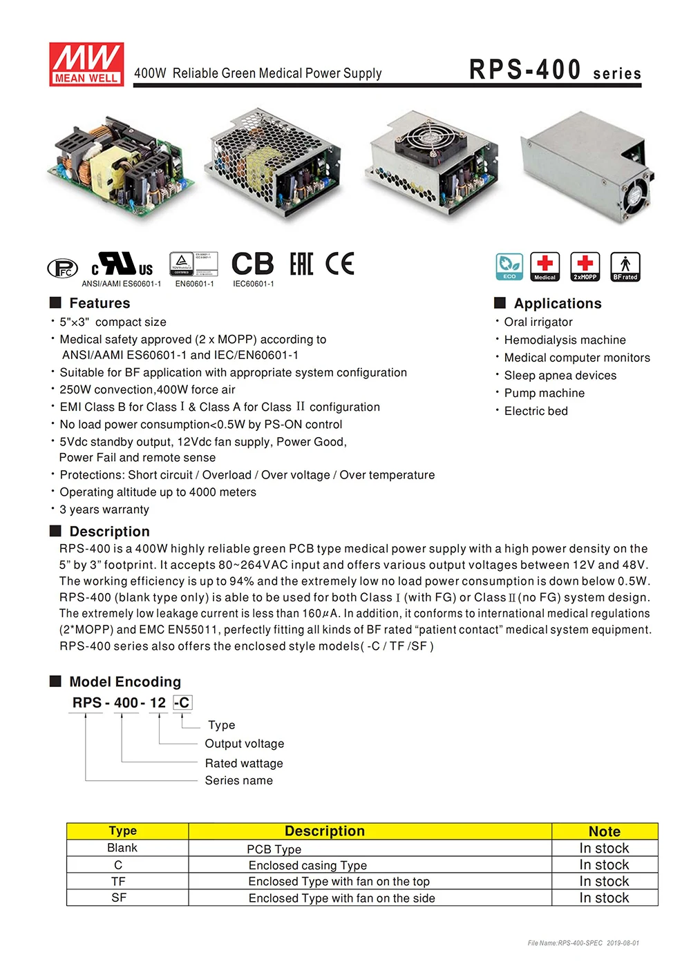 Бренд MEAN WELL представляет RPS-400-12-C переключение медицинский Питание 110 V/220VAC для 12VDC 33.3A 400 Ватт Meanwell закрытый корпус Питание блок