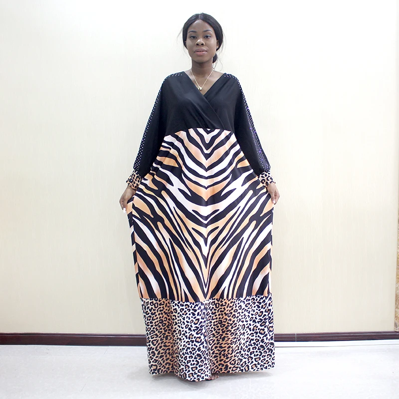 

New Fashion African 100% Polyester stripe Leopard Print Elastic Sleeve Loose Style Dashiki Long Dresses For Lady/Women