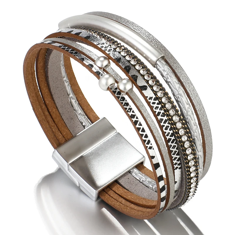 Amorcome, металлические, полые, кожаные браслеты для женщин, браслеты и браслеты, широкие, многослойные, в стиле бохо ювелирный женский браслет