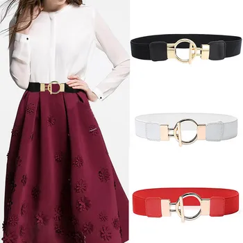 

Simple Fashion Women Elastic Belts Designer Brand Gold Round Buckle Adjustable Waist Strap Dress Coat Sweater Decorative Belt
