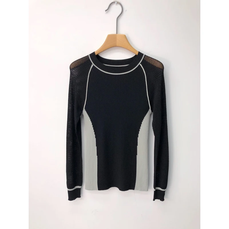 

Contrast Color Patchwork 10.21 Hollow Out Long Sleeve Pullover Knitted Top Women Slim Temperament Knitwear