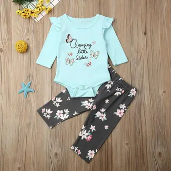 

6-36months Baby Girl Clothing 2020 Spring Autumn Letter Blue Bodysuits Tops Gray Pants Set Baby Girls Outfits Casual Baby Suits