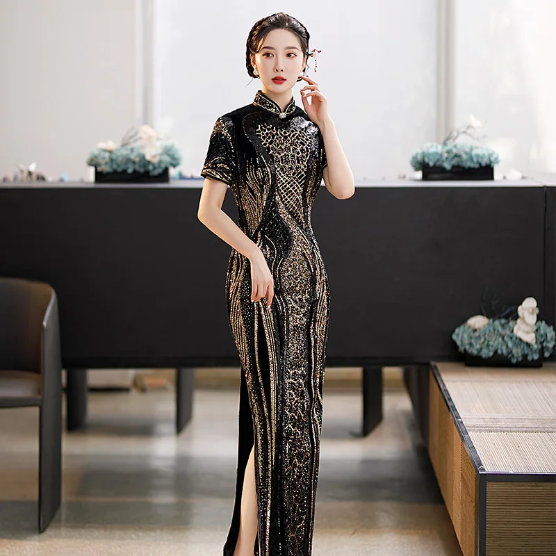 

Autumn Winter Velour Sequin Cheongsam Women Slim Short Sleeve Velvet Qipao Elegant Evening Party Dress Vestidos Oversize 6XL
