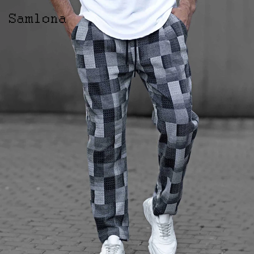 

Samlona 2020 Autumn Casual Leisure Pants Men Plaid Trouser Streetwear Washed Male Thin Straight Pants Plus size Mens Pantalon