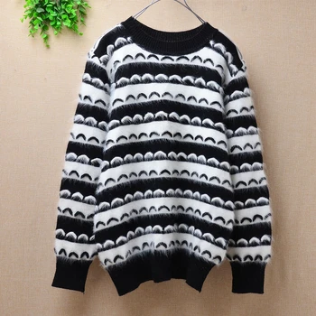 

Black and white striped lace pattern sweater ladies bottom sweater pullover velvet products Angora rabbit fur sweater round neck