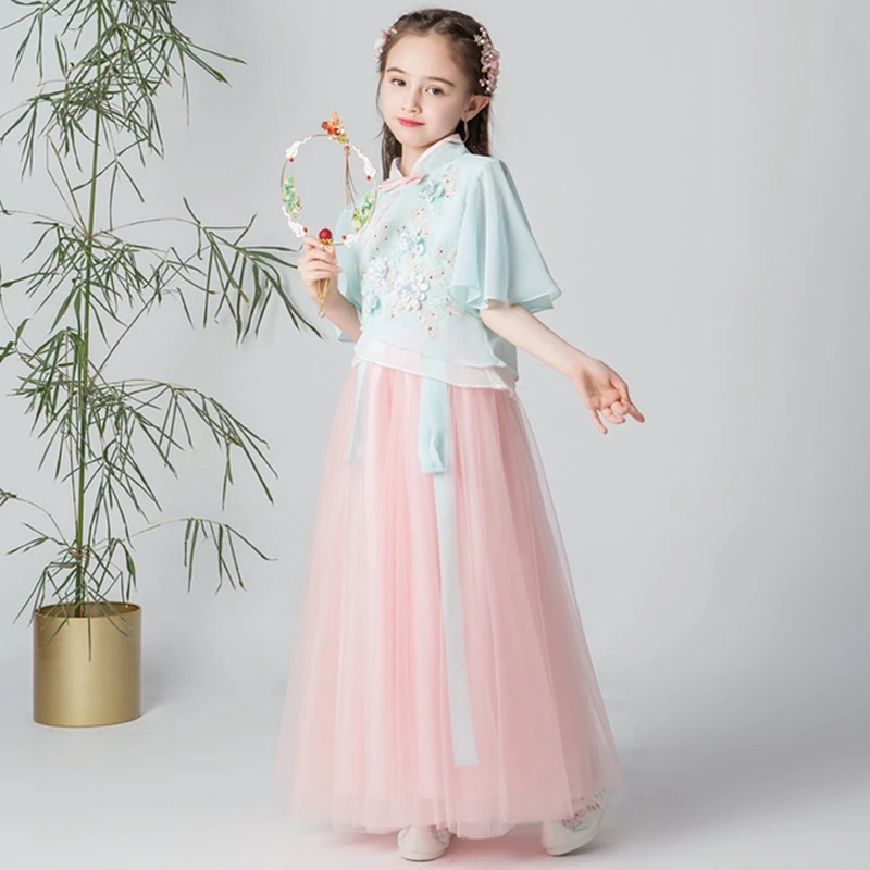 Hanfu/платье принцессы с вышивкой в китайском стиле; новое летнее платье с рукавами для девочек; повседневная одежда Феи в стиле ретро для девочек