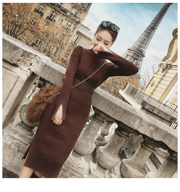 Осенне-зимнее вязаное Длинное Платье женское повседневное облегающее платье-свитер с Разрезом Платье офисное женское корейское стильное платье с поясом