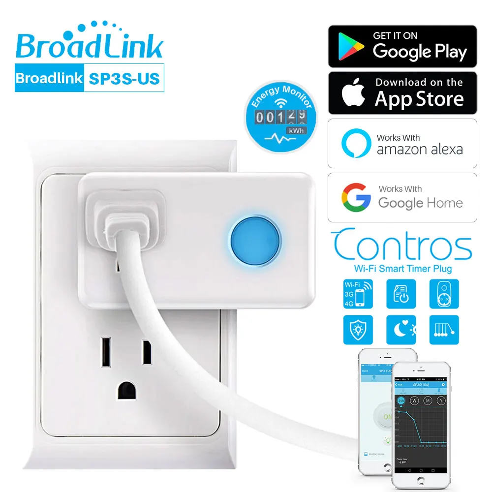 

Broadlink SP3S Smart Plug Wifi Socket US Standard With Power Meter Monitor Timing Compatible With Alexa Echo Google Assistant