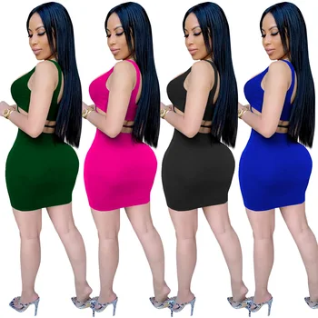 

2020 New Suit Fashion Tight Strap Navel Bag Hip Skirt Two-Piece European and American Women's Clothing
