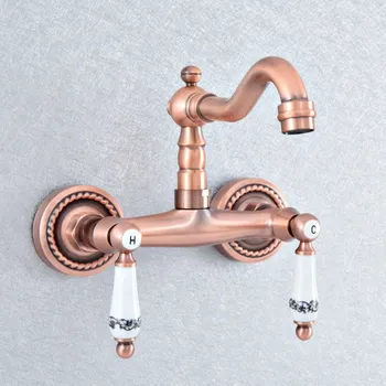 

Antique Red Copper Brass Wall Mounted Kitchen Wet Bar Bathroom Sink Faucet Swivel Spout Mixer Tap Dual Ceramic Handles asf891