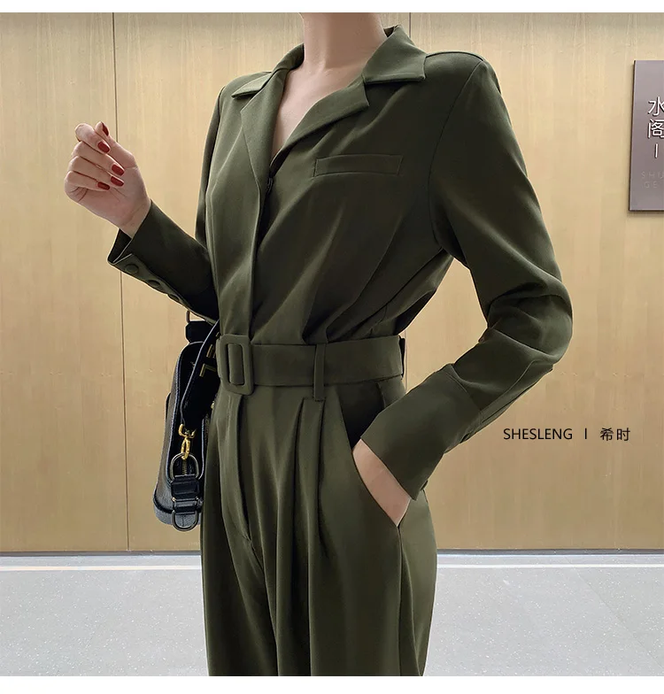 Модный женский сексуальный армейский зеленый комбинезон с поясом с длинным рукавом с высокой талией уличная одежда Jumpsiut комбинезон длинные брюки