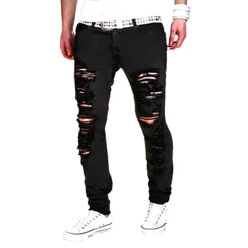 

OLOME New Autumn Men Sexy Ripped Hole Distresses Skinny Jeans Fashion Solid Black Jeans Male Casual Outerwear Hip Hop Pants