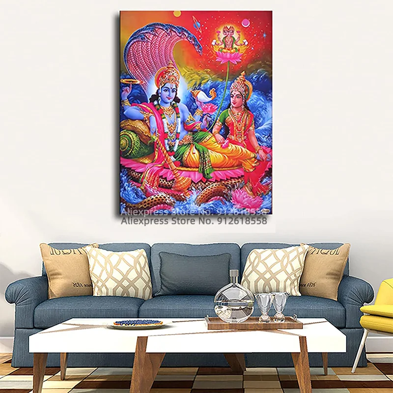 Vishnu Resting Under Sheshnag With Hindu Goddess Lakshmi Poster Canvas