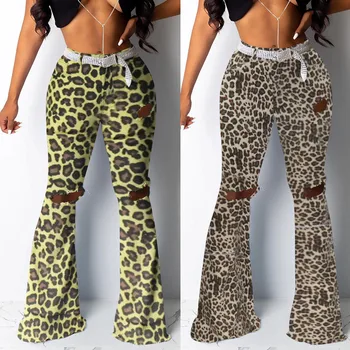 

Women jeans Plus Size High Waist Skinny Leopard Mom jeans Denim Bell Bottom Distressed Ripped Pants Jeans Mujer S10