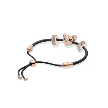 

Summer 925 Sterling Silver Bead Charm Rope Fit Original Branded Rose Black Leather Sliding Pan Bracelet Women DIY Jewelry