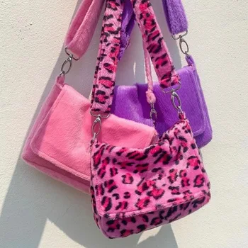 

2020 Fashion Leopard Print Crossbody Bags for Women Autumn Winter Plush Soft Shoulder Messenger Bag Fluffy Handbags and Purses