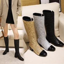 Bottes hautes noires pour femme, chaussures longues, couleur or et argent, grandes tailles 34 à 45, collection automne-hiver