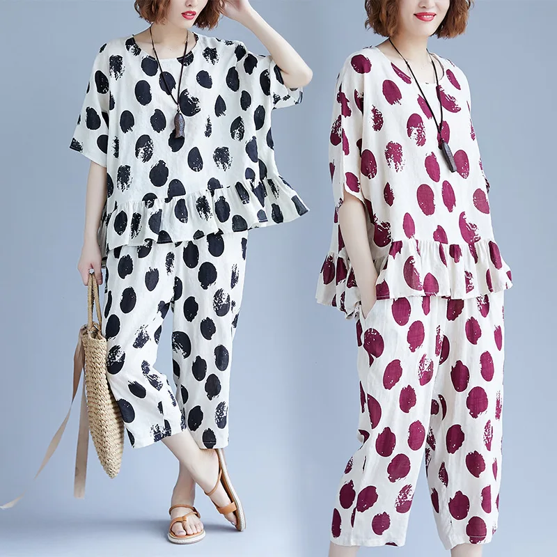 

Photo Shoot 2019 Summer New Style Literature And Art Large Size Polka Dot Printed WOMEN'S Suit Summer Tops + Pants