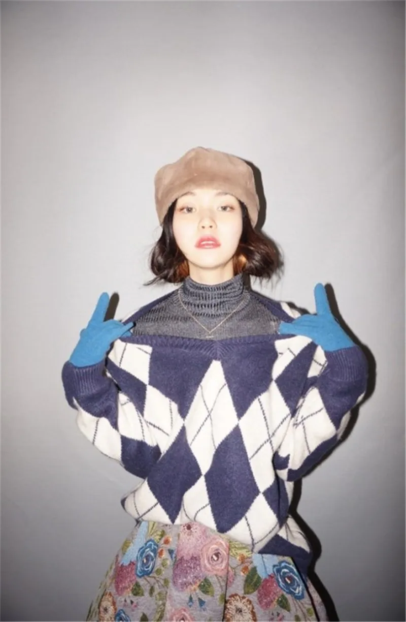 RUGOD зимний женский свитер винтажный теплый с узором «ромбиками» с v-образным вырезом длинный свободный вязаный пуловер Модный женский мягкий корейский пуловер