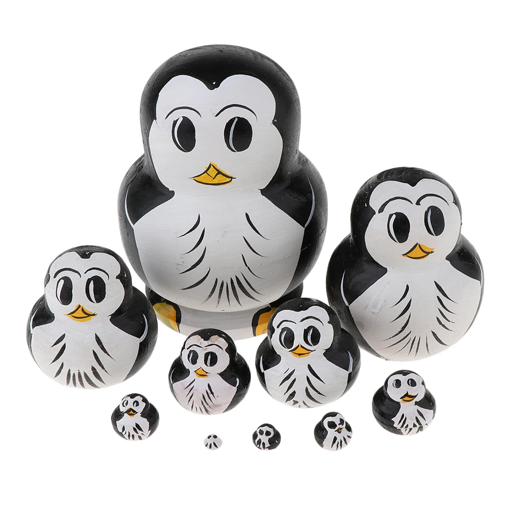 10 Pieces Wooden Russia Nesting Dolls Matryoshka Handmade Penguin Figurines Dolls Set Christmas Gift