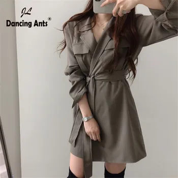 

Woman A-line Dress Long Sleeve Notched Collar Elegant Dresses Korean Style Solid Sashes Vestidos Office Lady One-Button Dresses