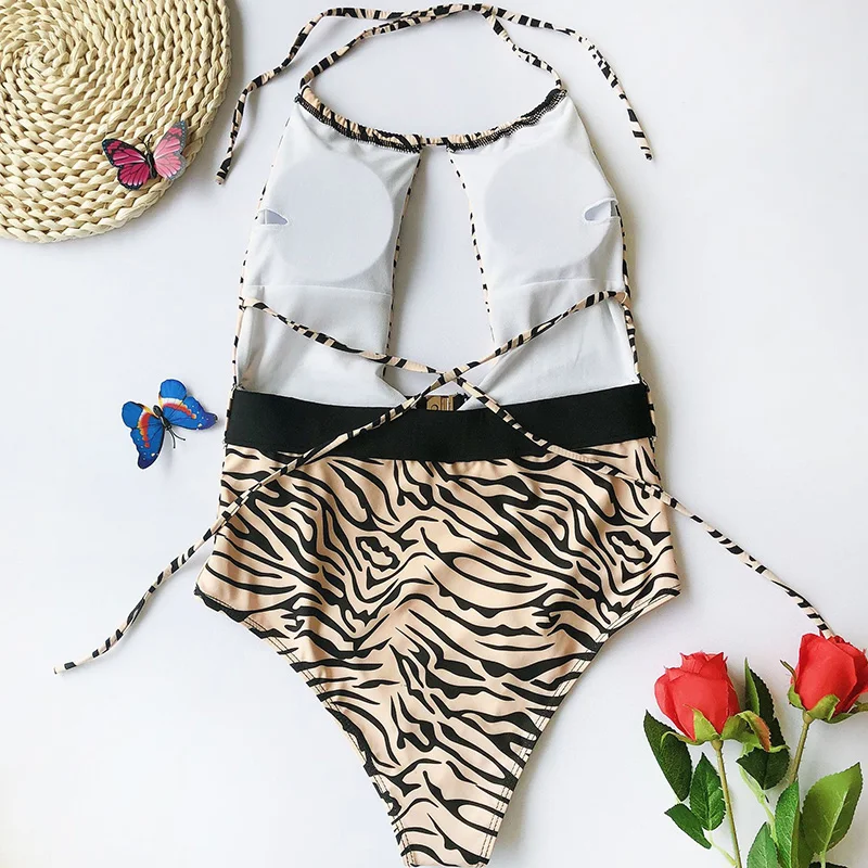 INGAGA Leopard Cut Out One Piece Swimsuit String Halter Swimwear Women Vogue Belt Bathing Suit Sexy Backless Beach Bathers