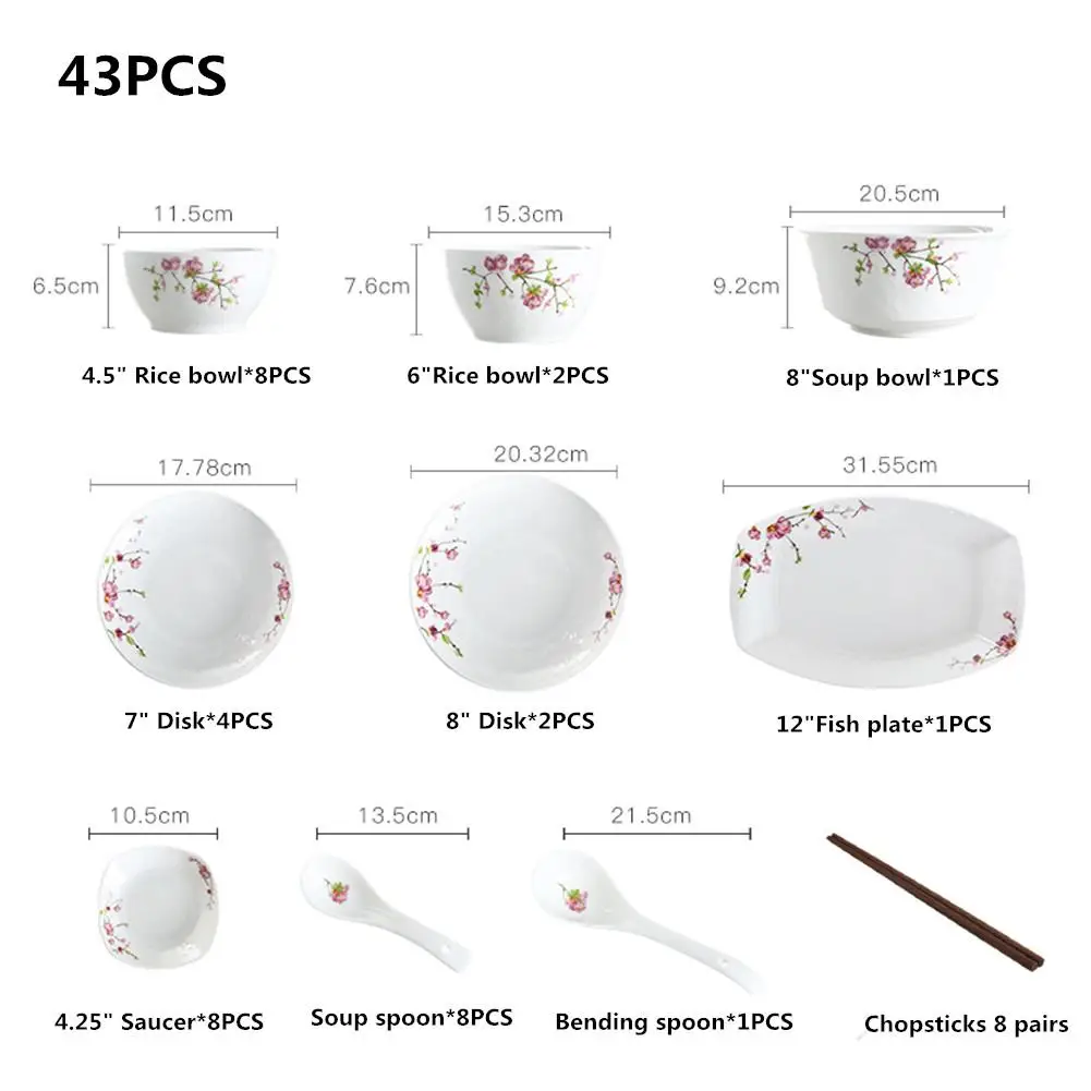 Adeeing 43 шт./компл. классическая белая керамическая посуда в комплекте; элегантный комплект из цветков персикового дерева узор посуда столовые приборы чаша тарелка с ложкой