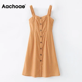 

Sexy Spaghetti Strap Polka Dot Dress Women Backless Beach A Line Dress Female Button Knee Length Casual Dress Summer Robe Femme