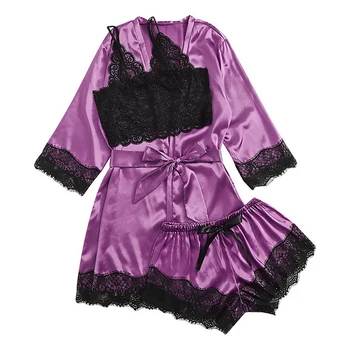 

Long Sleeve Women Pajamas Sexy Lace Lingerie Nightwear Underwear Sleepwear 3PC Suit Pajama Sets For Women Pijama Mujer