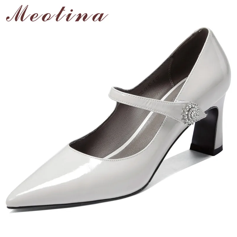 

Meotina High Heels Women Shoes Natural Genuine Leather Block High Heel Mary Janes Shoes Real Leather Pointed Toe Shoes Ladies 39