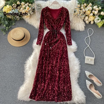 

Woman A-Ling V-Neck Dress Euramerican Style Sequins Crystal Dress Trend 2020 Long Sleeve Grace Dresses For Party