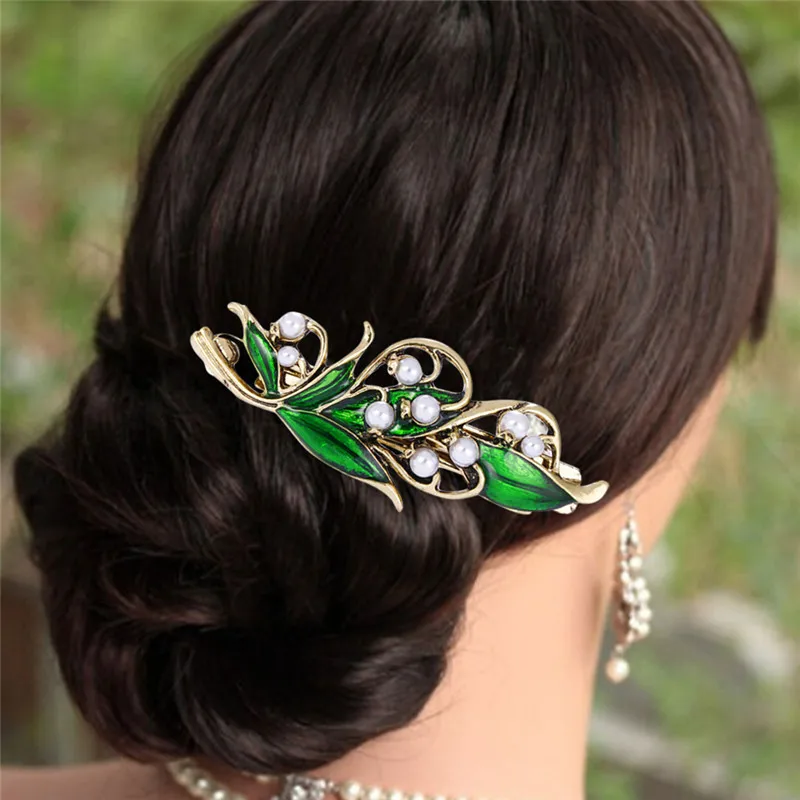 Exquisite Elegant Retro Enamel Green Leaf Pearl Hair Clip Clamp Hairpin Women Girls Hair Accessories