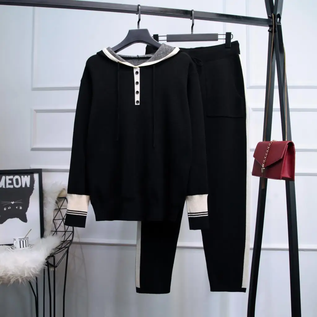 

2021 new knitted suit women's fashion hooded loose knit sweater and knitted footwear 2-piece set women