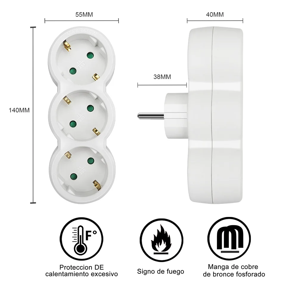 EXTRASTAR® Adaptador plano con interruptor y 3 enchufes SCHUKO