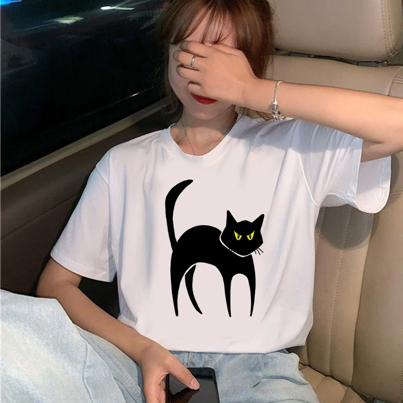 

Black cat silhouette Print T shirt Women Fashion Tshirt O neck Short Sleeve Harajuku T shirt White Tops Female Tops