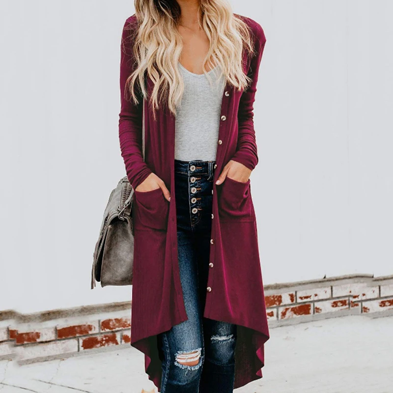 Вязаный кардиган, свитер, на пуговицах, с карманами, кардиган для женщин, осенний, Повседневный, длинный кардиган, v-образный вырез, длинный рукав, женская одежда
