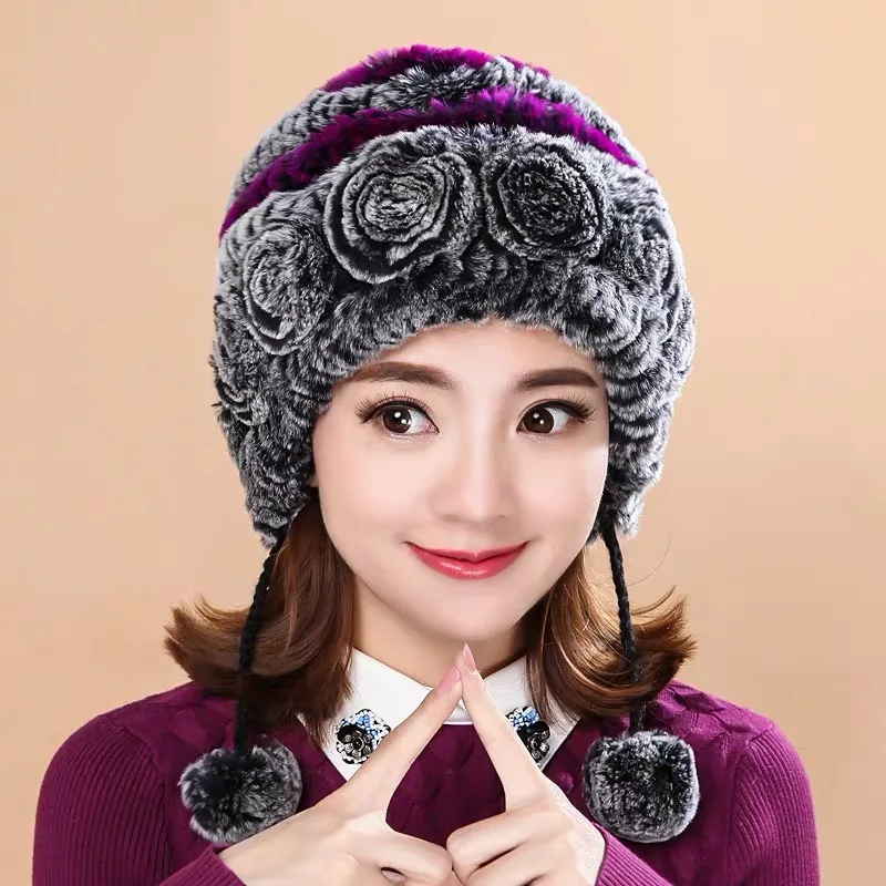 Fashion girl fur cap lady winter natural real rex rabbit fur hat high quality women warm Beanies genuine fur free shipping - Цвет: color 6