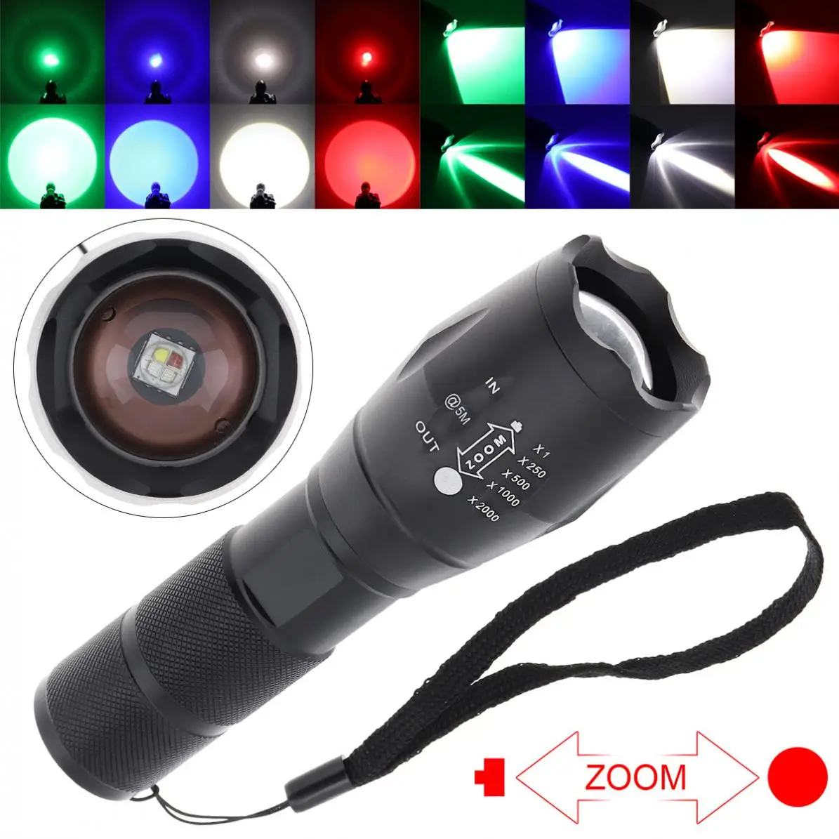 

A100 5 Light Modes Red Green Blue White Light LED Flashlight with Adjustable Focus Waterproof for Camping / Hiking / Fishing