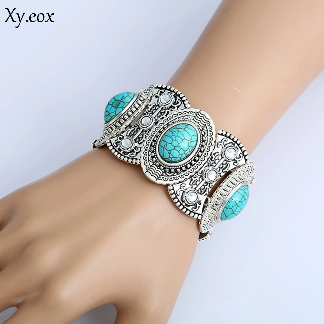 

Ethnic Style New Boho Silver Tone Turquoise Nepal Tribal Wide Cuff Bracelet