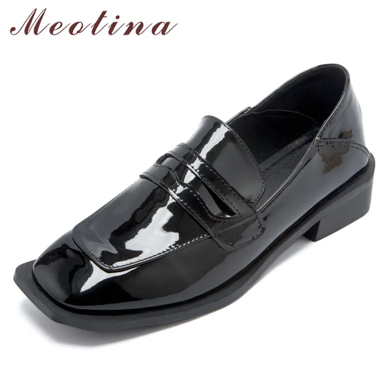 

Meotina High Heels Women Pumps Natural Genuine Leather Chunky Heel Loafers Shoes Real Leather Square Toe Shoes Ladies Size 34-39