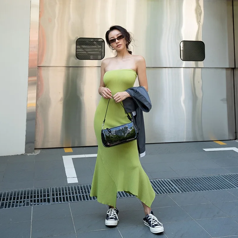 

elegant party off shoulder dress lrregular midi fish tail dress slim stretch tube top bodycon dress