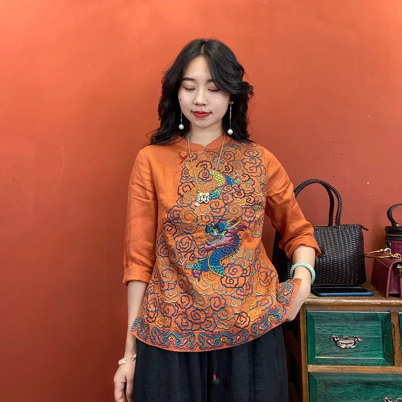 

Embroidery Cotton Linen Qipao Tops Women Chinese Style Plus Size Blouse Female Ethnic Harajuku Eleganti Vintage Shirt Tang Suit
