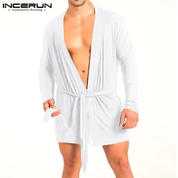 INCERUN Comfortable Homewear New Men Robes Loose Fashionable Solid All-match Simple Mid-length Long-sleeved Cardigan Robes S-5XL