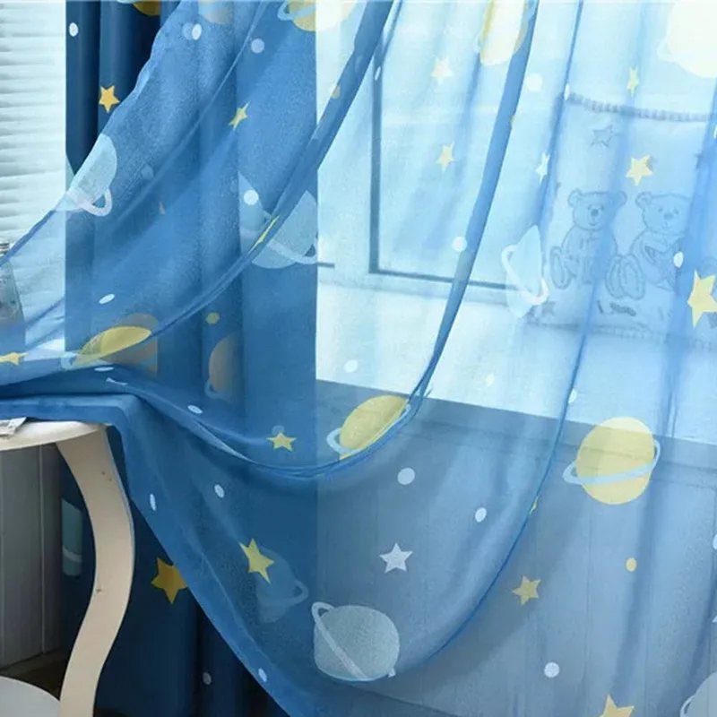 Blue Tulle Шторы с планетами из мультфильма, затемненные шторы для детской комнаты, синие тюлевые шторы для мальчиков и девочек, WP355-30 - Цвет: Blue Tulle