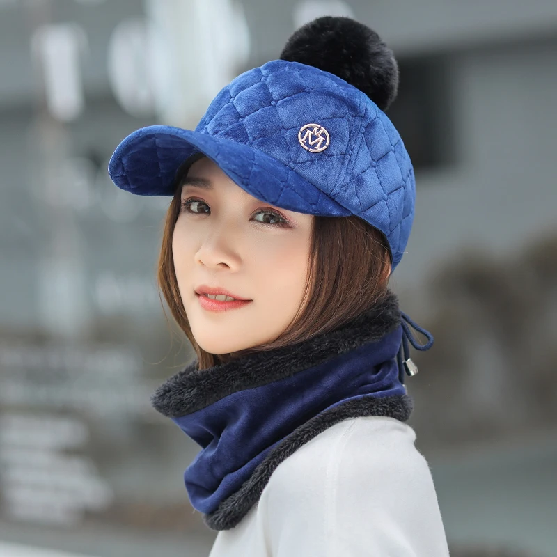 Бейсбольная кепка и шарф из замши с буквенным принтом «M», комплект из 2 предметов, Женская регулируемая бейсболка с помпоном, Кепка с козырьком, осенне-зимняя женская теплая шапка - Цвет: Blue